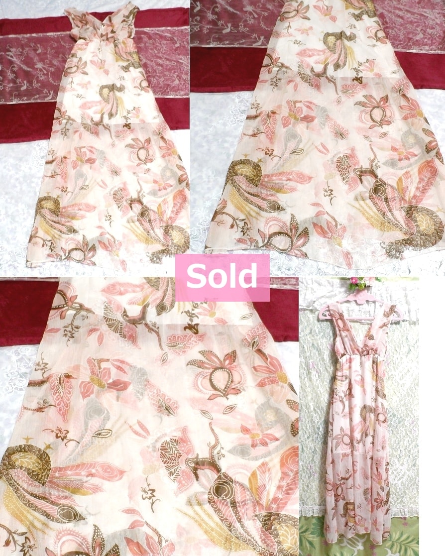 Mousseline de soie à motif ethnique rose voir à travers la jupe maxi une pièce dres, tunique et manches courtes et taille M