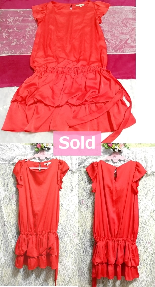 USAアメリカ製赤朱色裾フリルノースリーブチュニック/トップス/ワンピース Made in America red hem frill sleeveless tunic/tops/onepiece