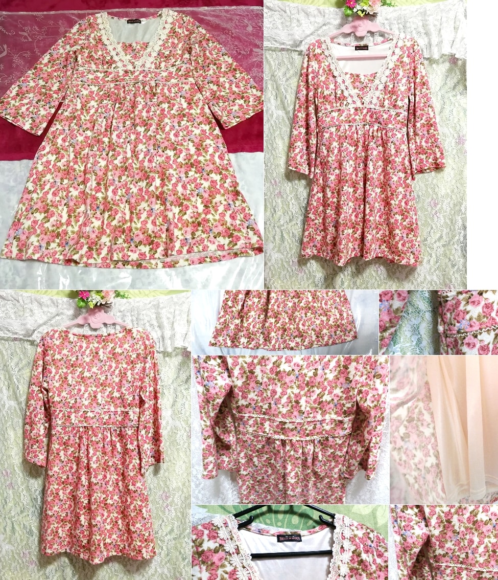 Negligé-Nachthemd aus rosafarbenem Strick mit Rosen-Blumendruck, weißes Tunika-Kleid aus Spitze mit V-Ausschnitt, Tunika, lange Ärmel, Größe m