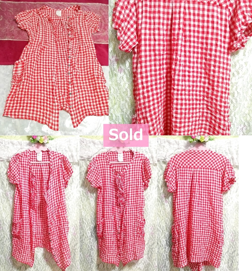 红色格子棉质衬衫Haori开衫，女士时装和开衫，中等尺码