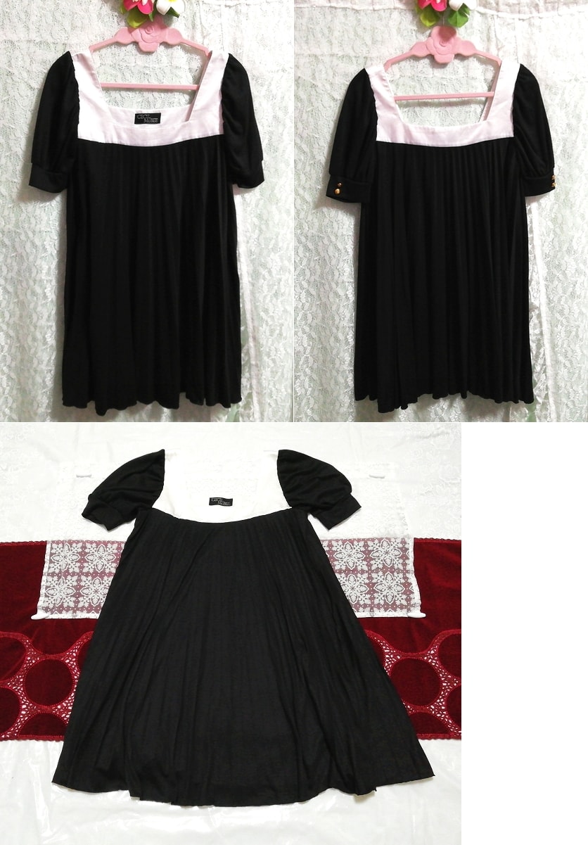 黒白シフォンネグリジェチュニックプリーツスカートワンピース Black white chiffon negligee tunic pleated skirt dress, チュニック, 半袖, Mサイズ