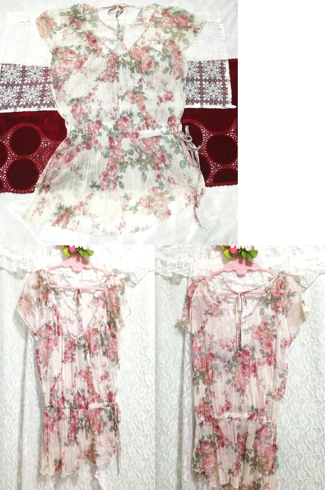 Chemise de nuit négligée tunique transparente à fleurs en lin, tunique, Sans manches, Sans manches, taille m