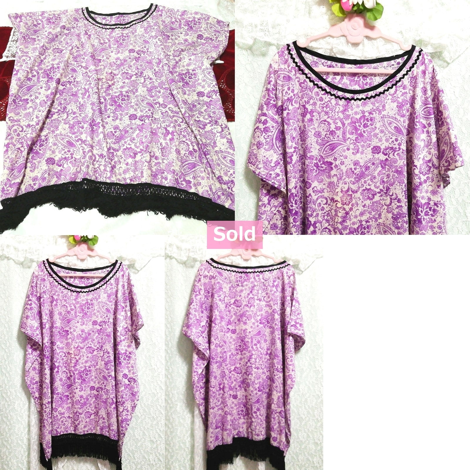 Purple ethnic pattern black black fringe poncho tunic negligee nightgown, tunic, long sleeve, m size