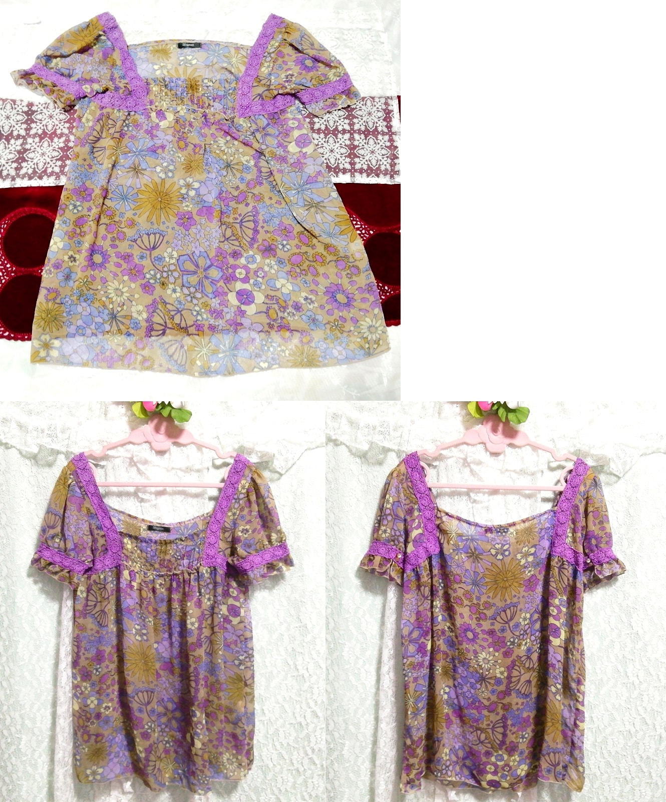 Negligé-Nachthemd aus Chiffon mit violetter Spitze und floralem Ethnomuster, Tunika, Kurzarm, Größe m