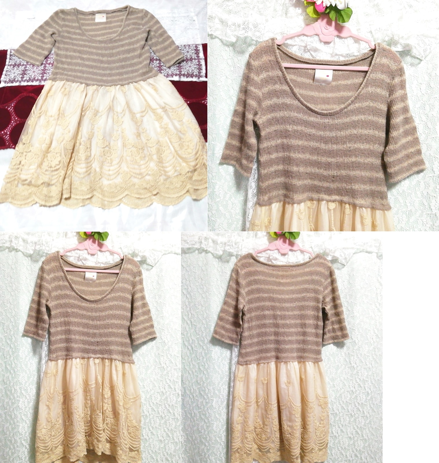 Tunika-Negligé-Nachthemdkleid mit leinenfarbenem, elfenbeinfarbenem Blumenrock, Tunika, Kurzarm, Größe m