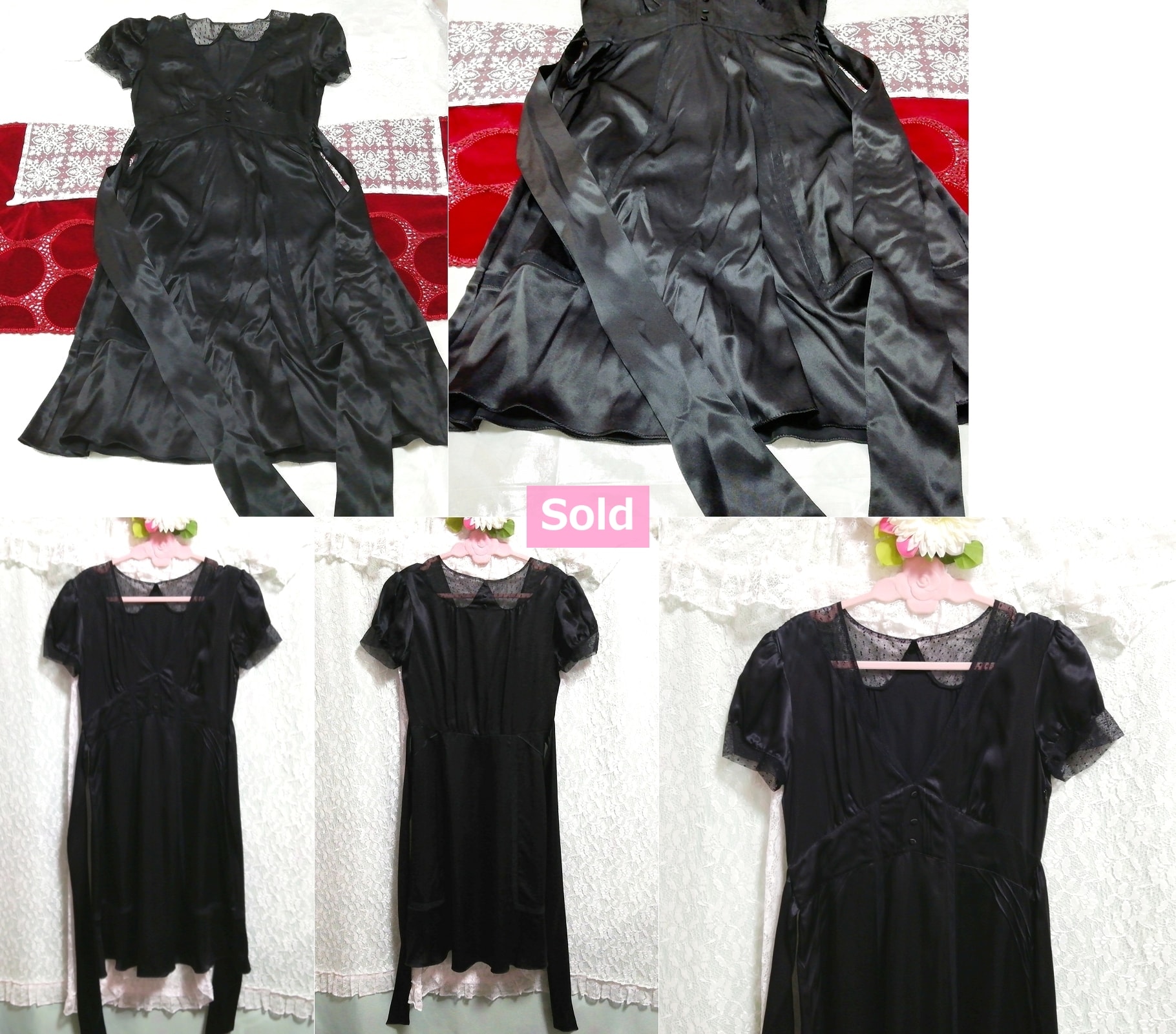 Black satin silk negligee nightgown nightwear short sleeve dress, fashion, ladies' fashion, nightwear, pajamas