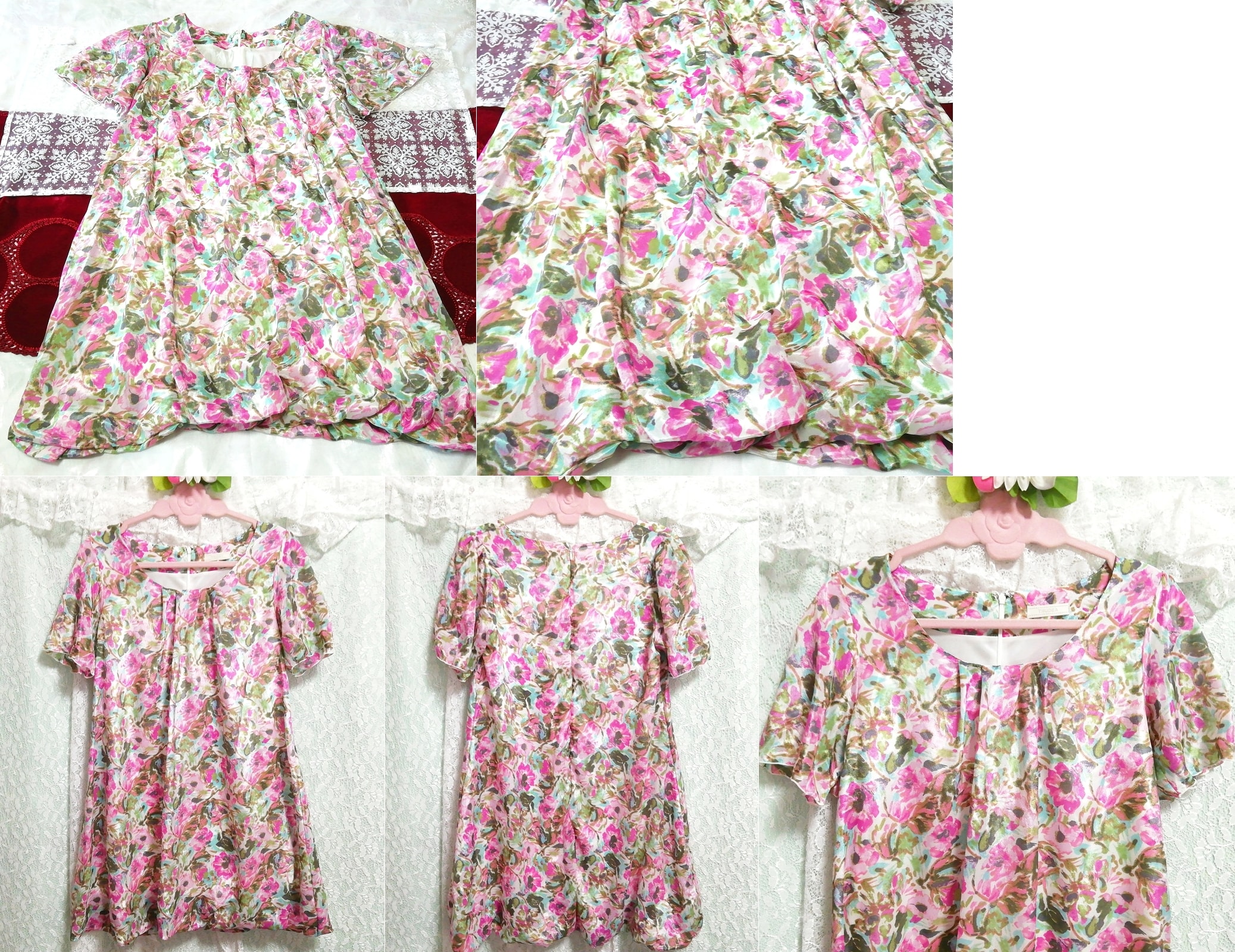 缎粉色浅蓝绿色花卉图案短袖束腰睡衣连衣裙, 外衣, 短袖