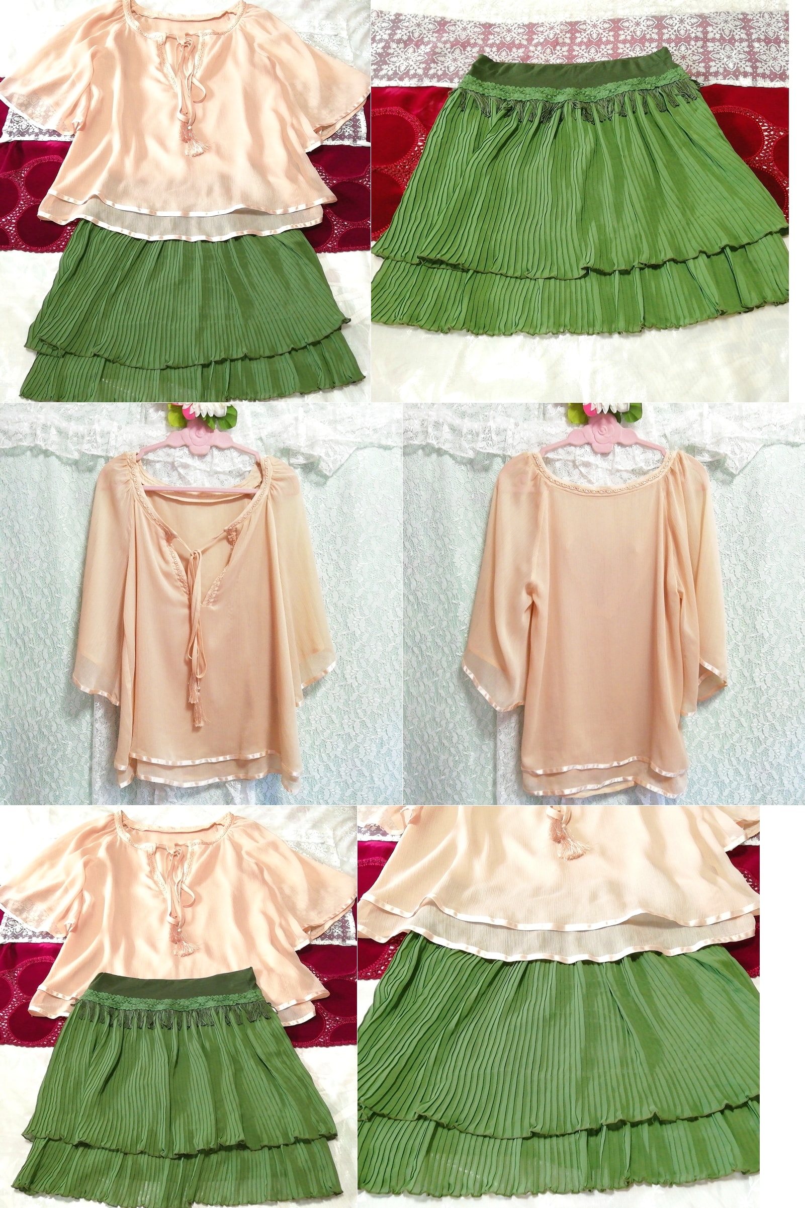 Rosa-beiges Chiffon-Tunika-Negligé-Nachthemd, grüner Falten-Minirock, 2 Stück, Mode, Frauenmode, Nachtwäsche, Pyjama