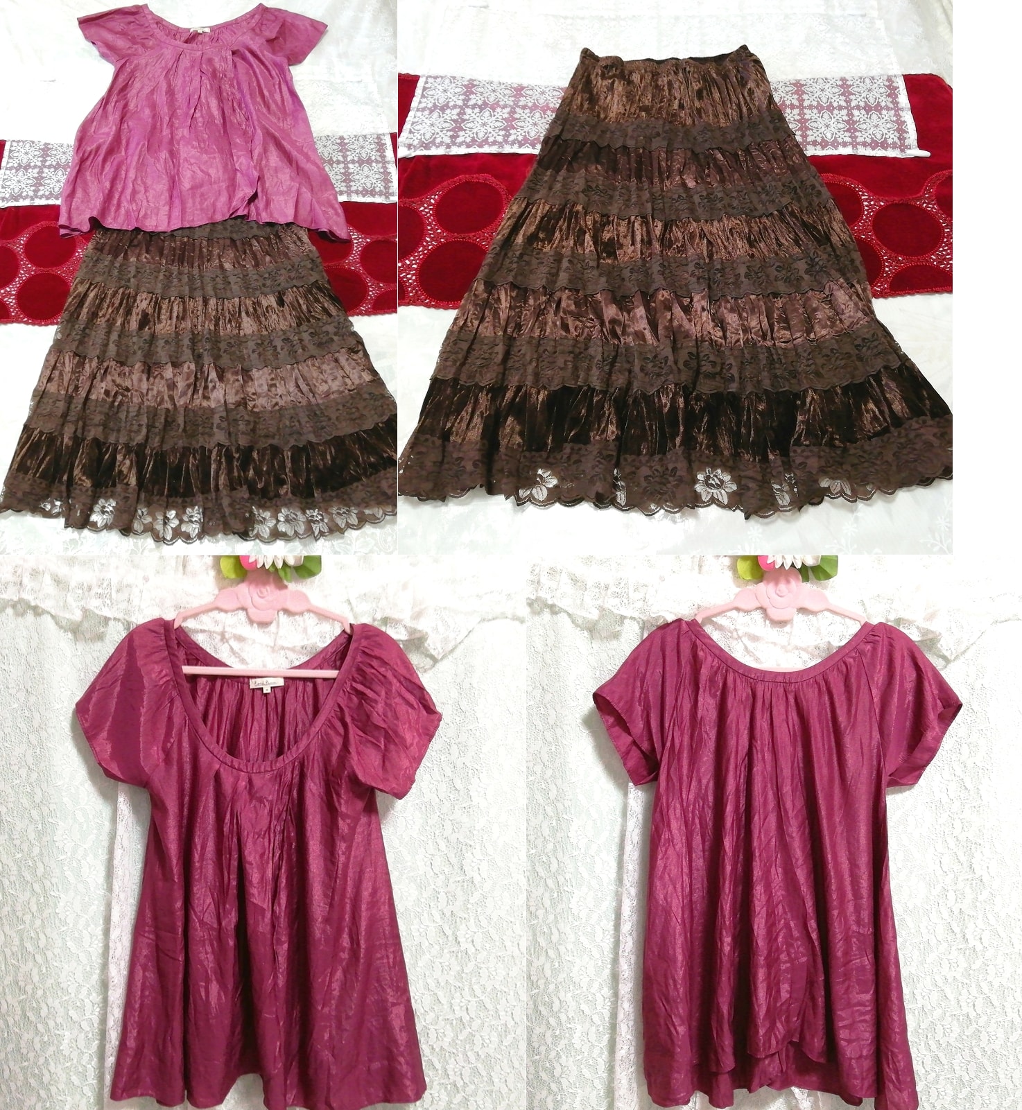 Purple short sleeve tunic negligee nightgown brown lace flare long skirt 2P, fashion, ladies' fashion, nightwear, pajamas