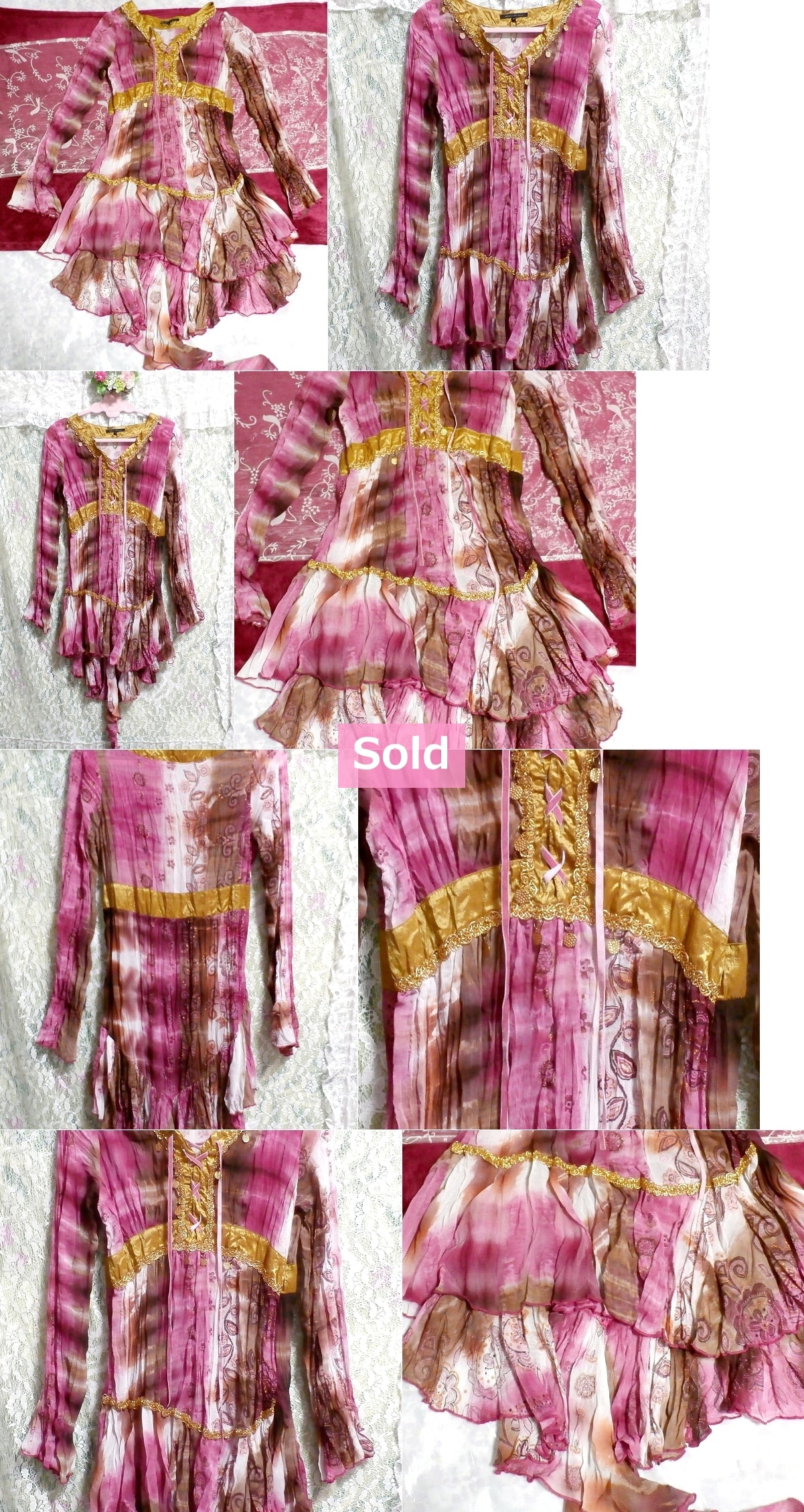 MERCURYDUO Beautiful pattern purple pink hem frill skirt tunic / tops / onepiece, tunic & short sleeves & M size