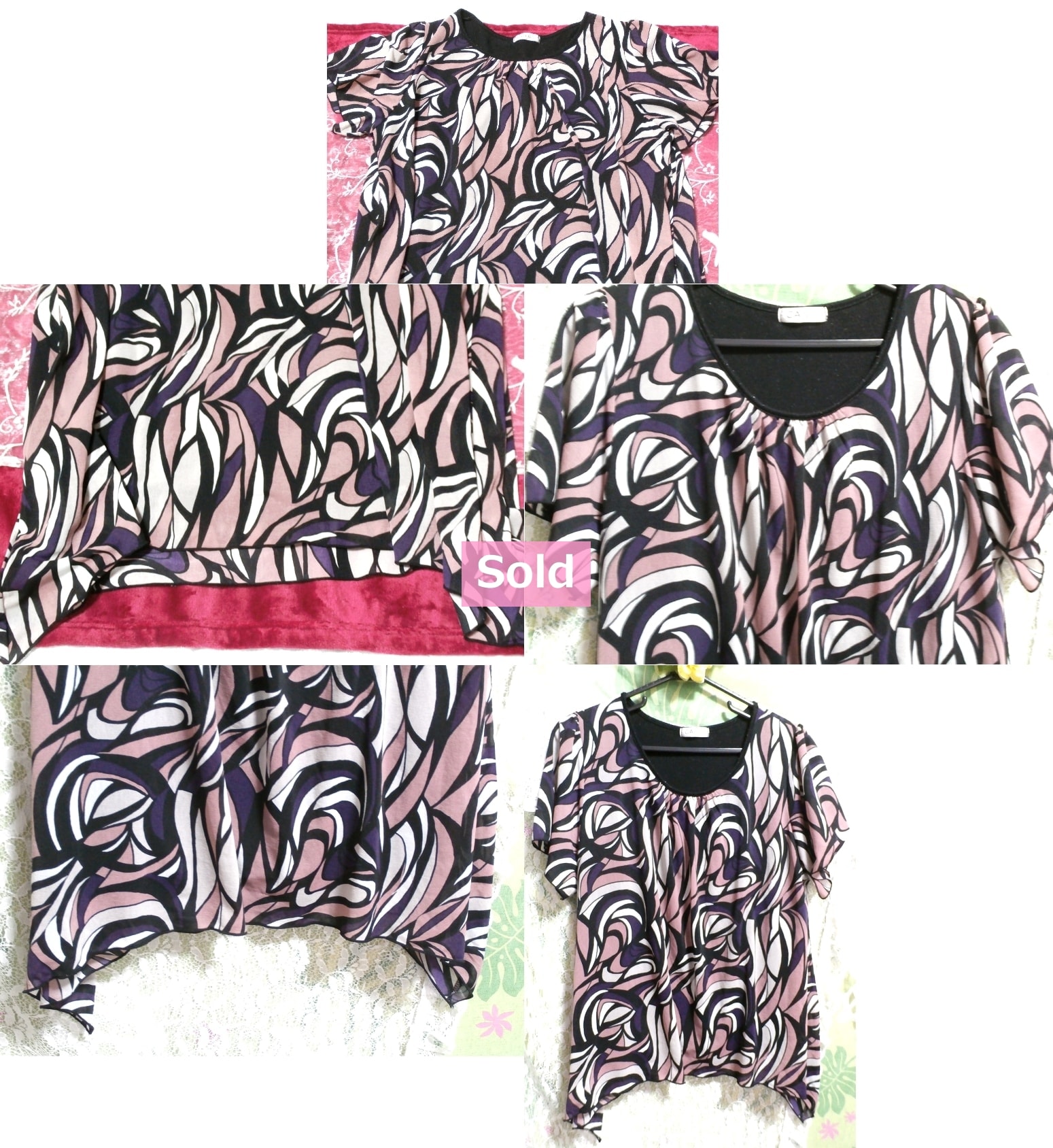 Purple black white stained glass pattern / tunic, tunic & short sleeves & M size