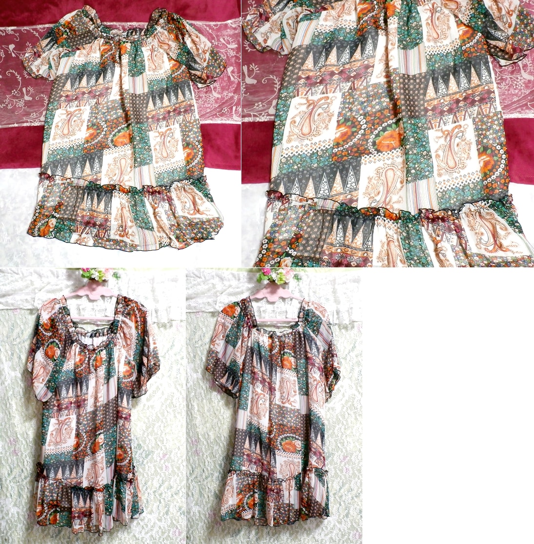 Chiffon-Negligé-Nachthemd-Tunika-Kleid mit ethnischem Muster in Orange und grünem Tee, Tunika, Kurzarm, Größe m