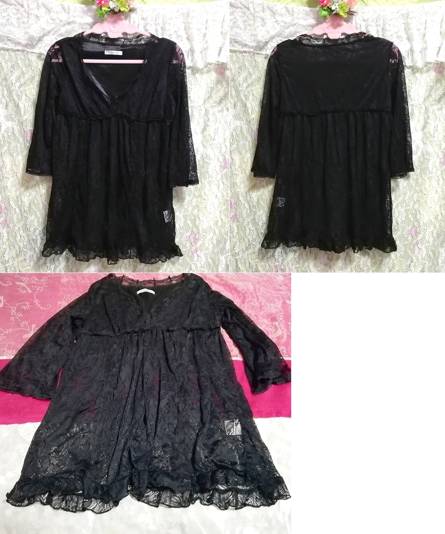 черная кружевная ночная рубашка-неглиже, платье-туника, туника, длинный рукав, размер м