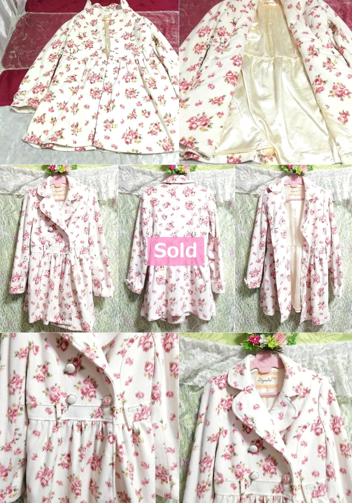 白ホワイトピンク花柄ガーリーコート/外套/アウター White pink flower pattern girly coat mantle