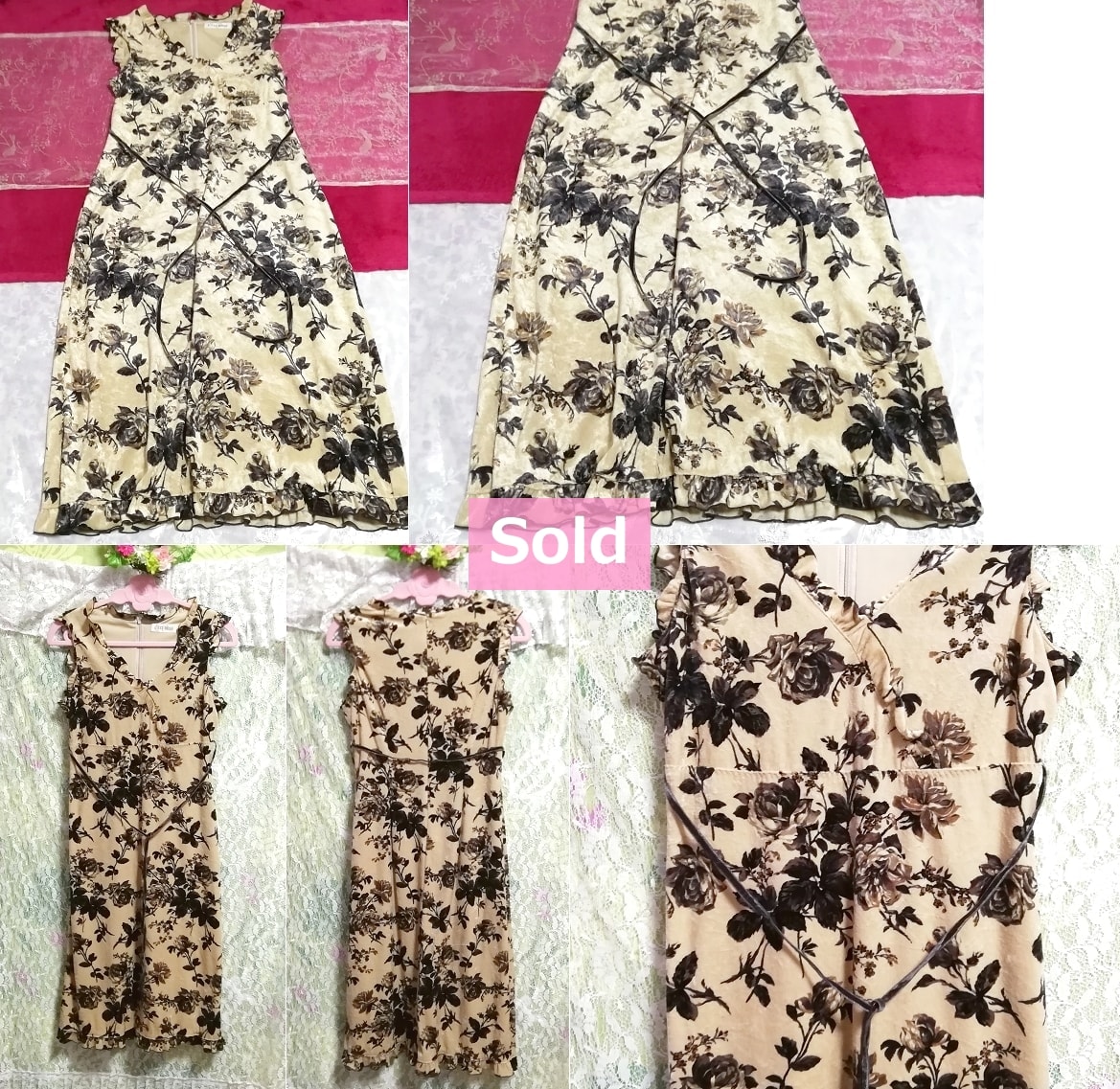 日本製亜麻色黒花柄ノースリーブワンピース Made in Japan flax black flower pattern sleeveless onepiece