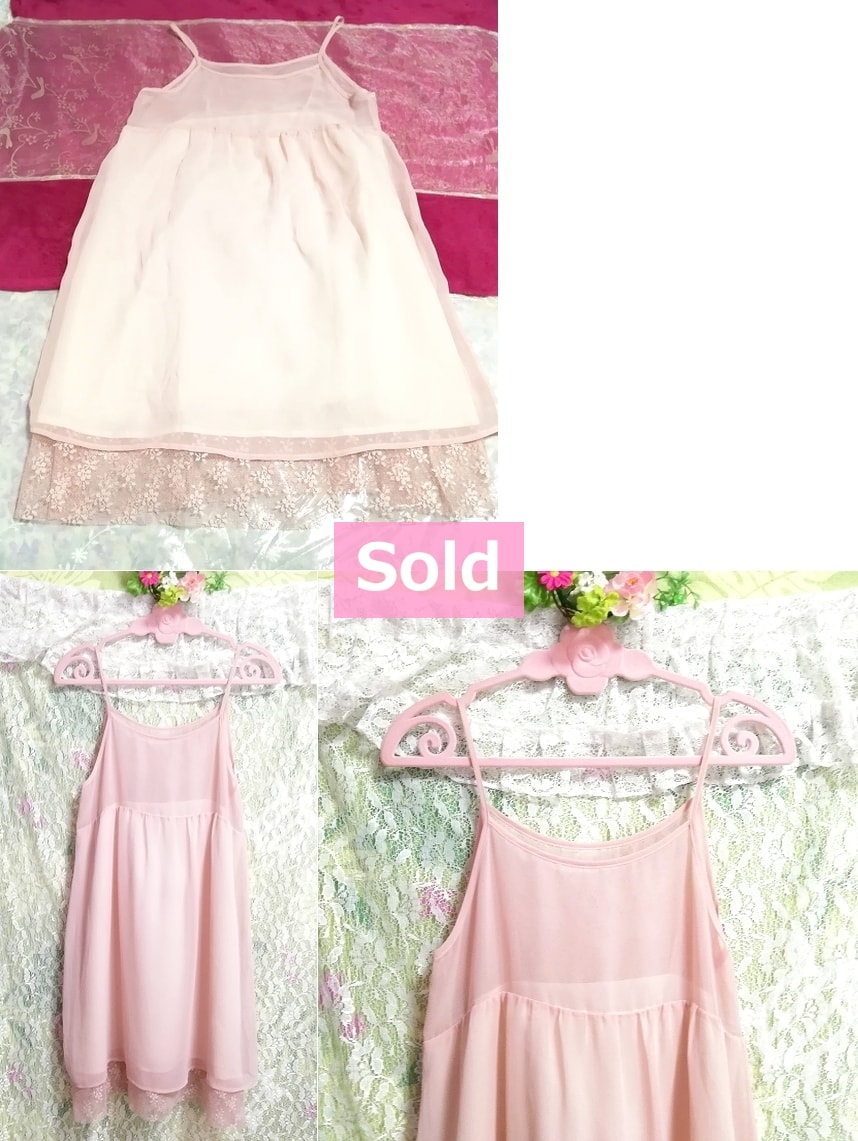 ピンクシースルーシフォンネグリジェレースキャミソールワンピース日本製 Pink chiffon lace negligee camisole dress made in Japan, ファッション, レディースファッション, キャミソール