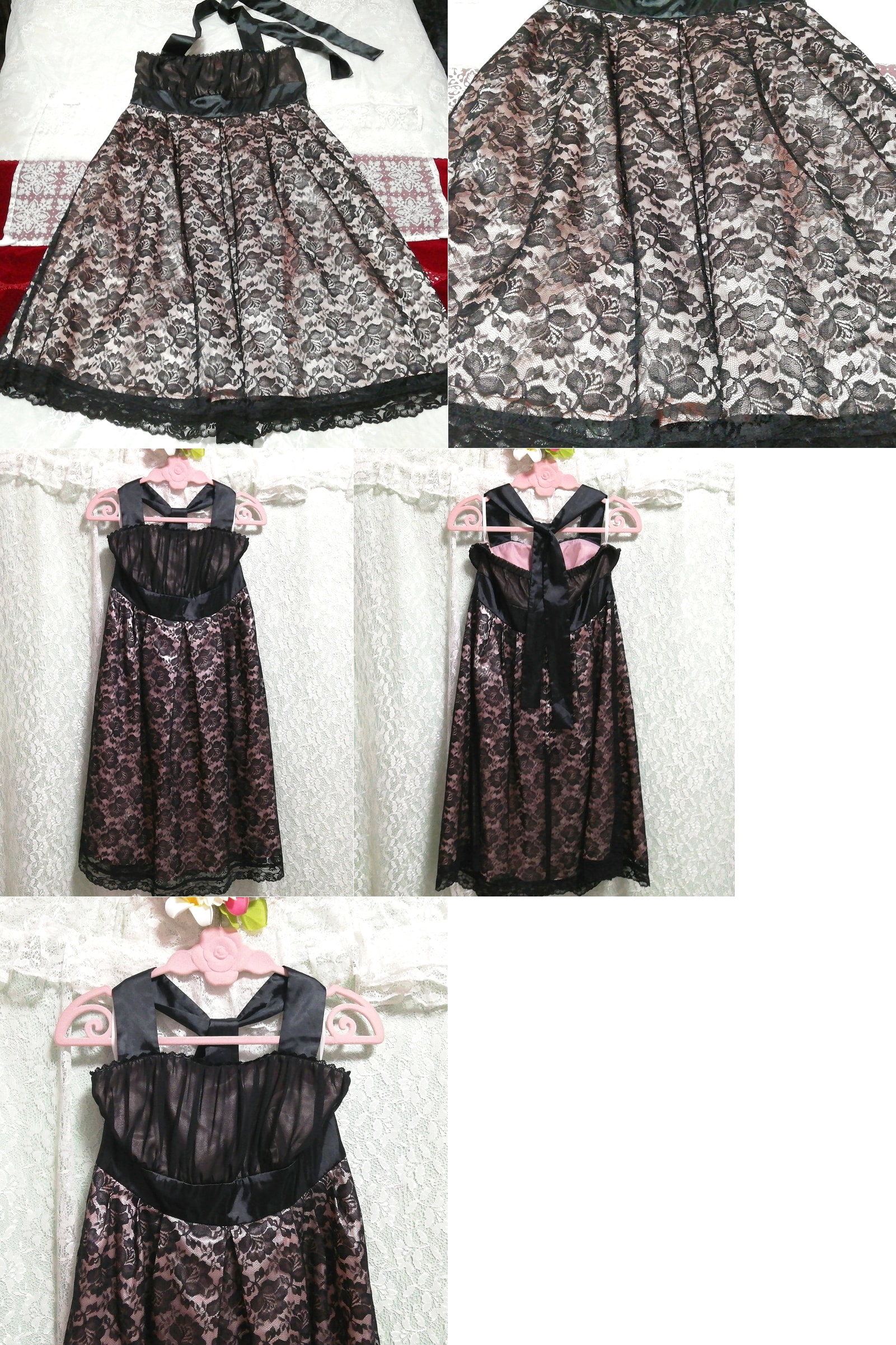 黒薔薇レースネグリジェワンピースドレス Black rose lace negligee skirt dress, ワンピース, ひざ丈スカート, Mサイズ