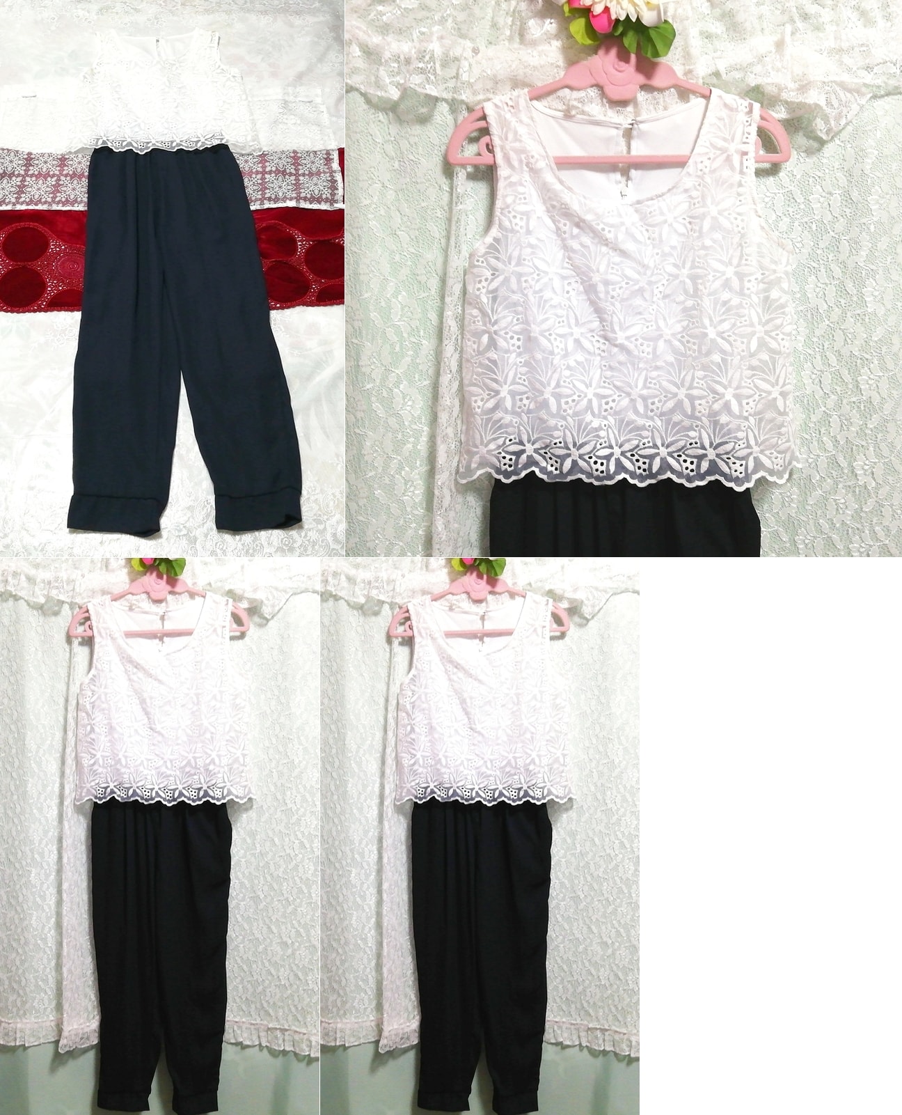 Weißes, ärmelloses, marineblaues Hosen-Overall-Negligé-Nachthemd aus Spitze, Mode, Frauenmode, Overall, Overall