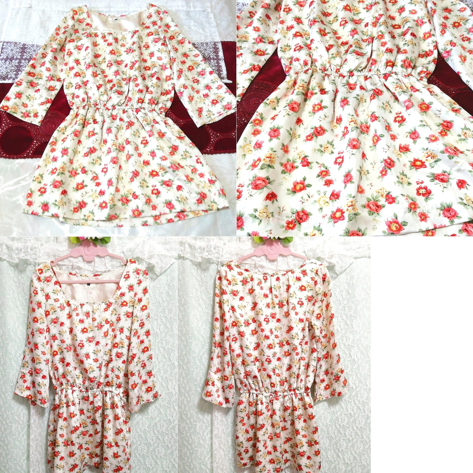 Geblümtes, weiß-rotes, langärmliges Tunika-Negligé-Nachthemd mit Blumenmuster, Tunika, lange Ärmel, Größe m