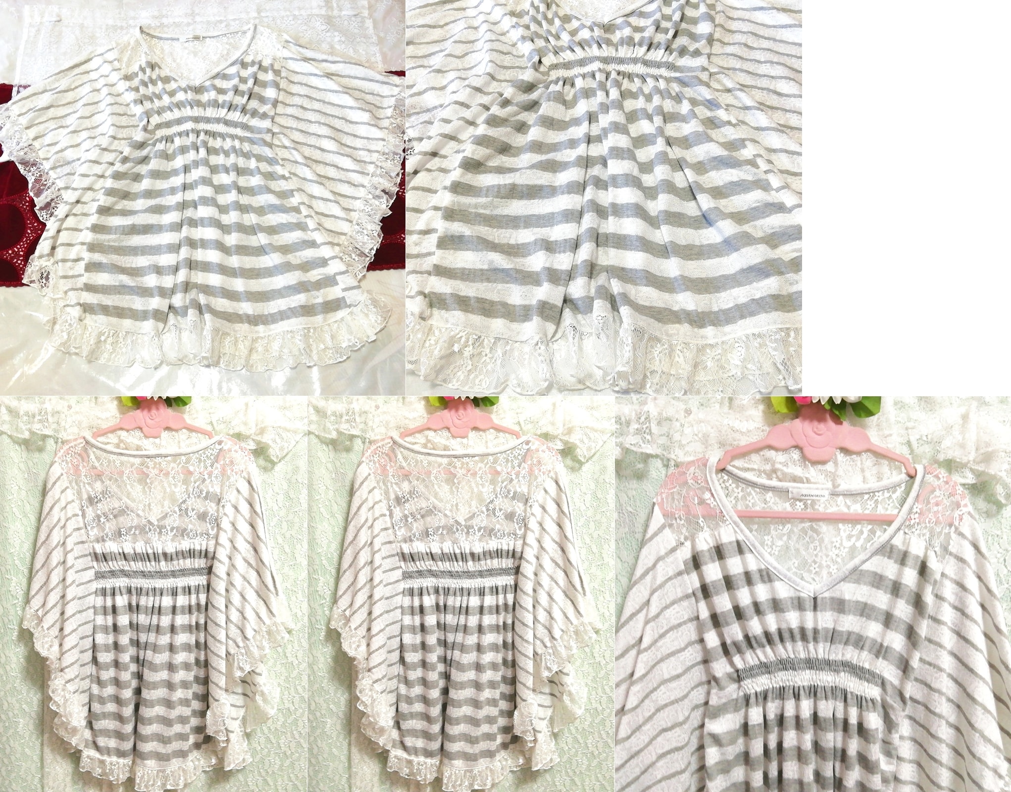 グレー縞々柄白レースポンチョチュニック ネグリジェ ナイトウェア ワンピース Gray striped white lace poncho tunic negligee dress, チュニック, 長袖, Mサイズ