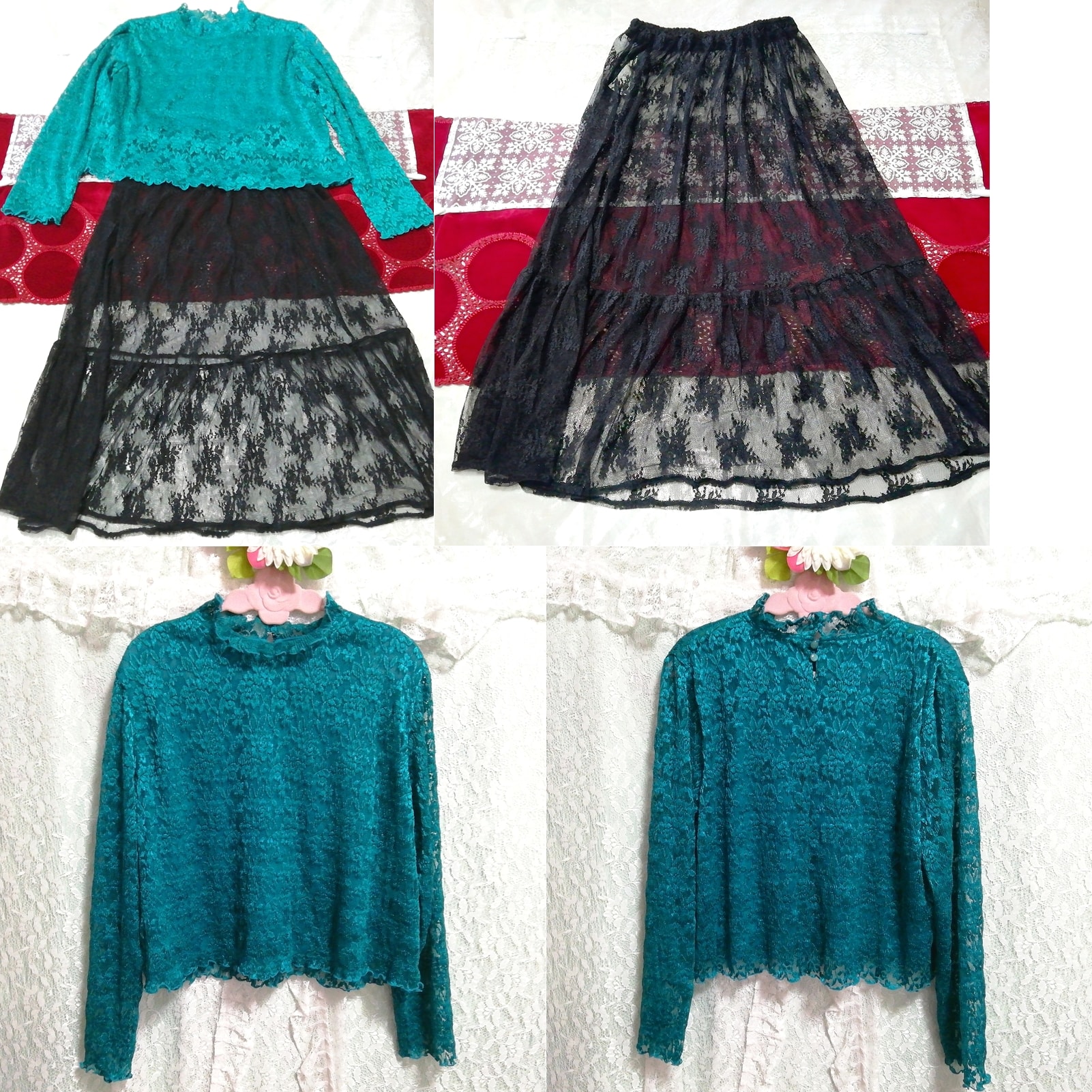 Green lace tunic negligee nightgown nightwear black see-through lace skirt 2P, fashion, ladies' fashion, nightwear, pajamas