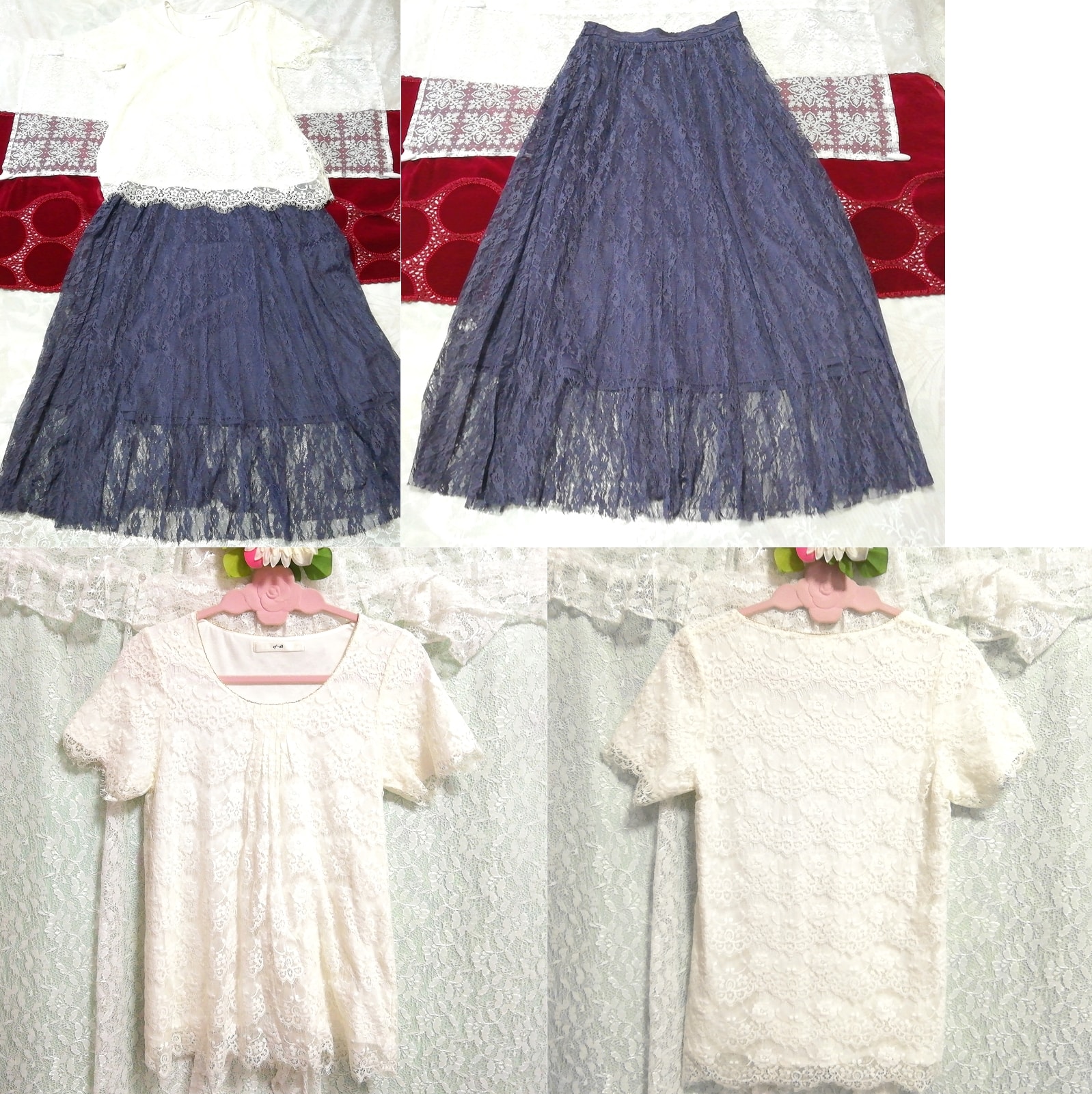 White lace short sleeve tunic negligee nightgown navy lace long skirt 2P, fashion, ladies' fashion, nightwear, pajamas