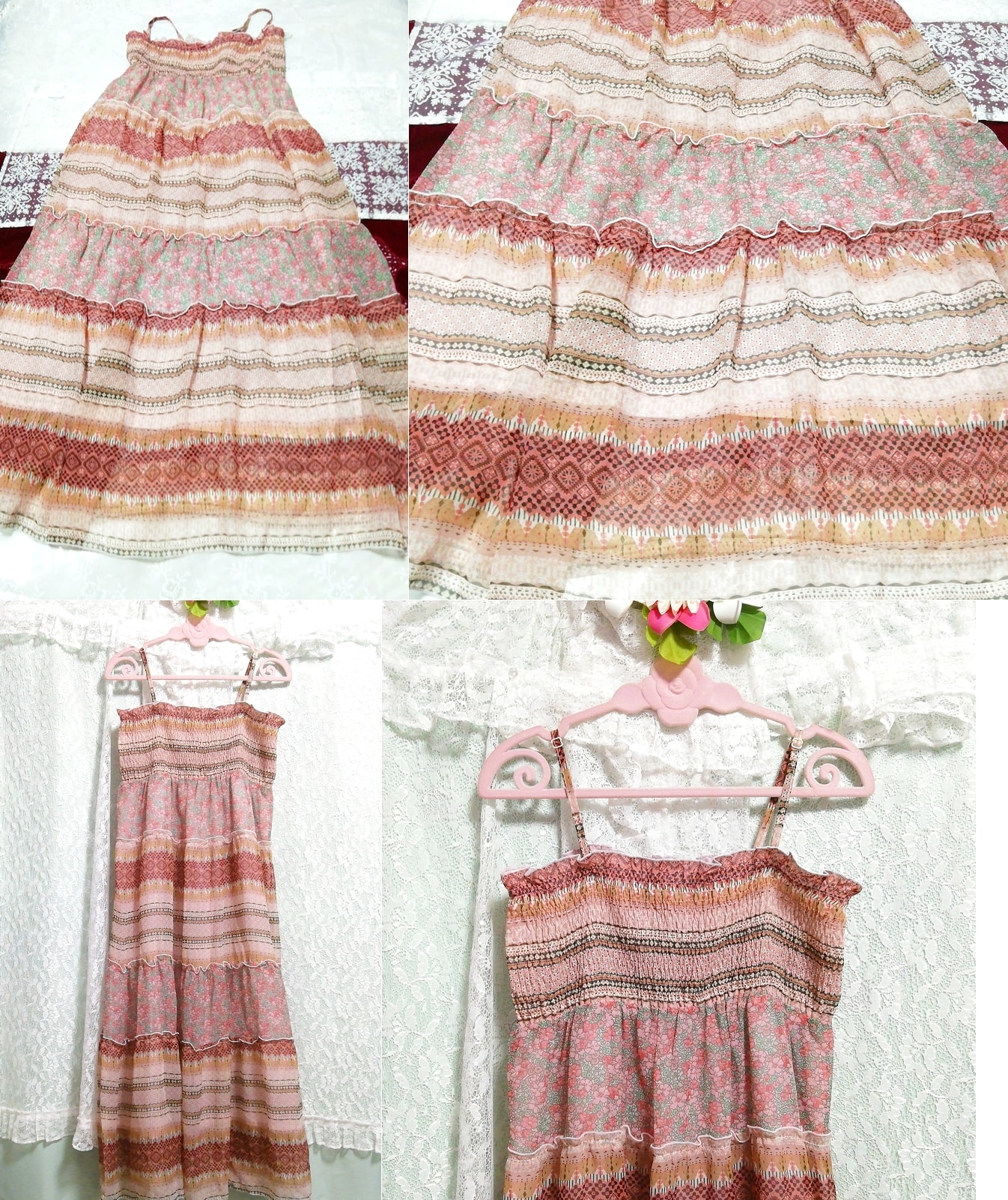粉棕色花卉图案睡衣吊带背心超长连衣裙, 长裙, 尺寸