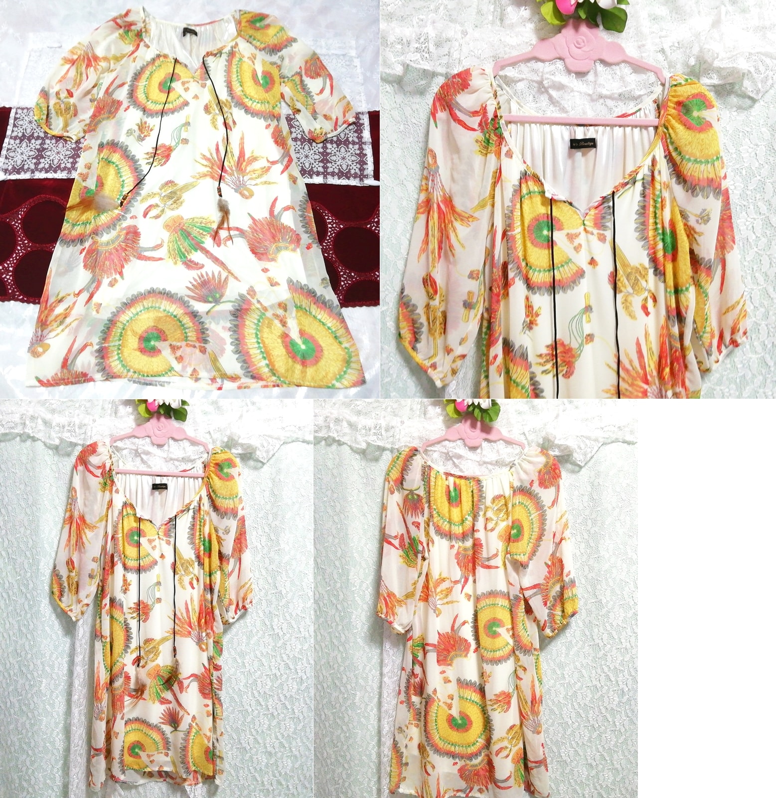 Gelbes Tunika-Negligé-Nachthemdkleid mit Sonnenblumenmuster und Federschnüren aus Chiffon, Tunika, lange Ärmel, Größe m