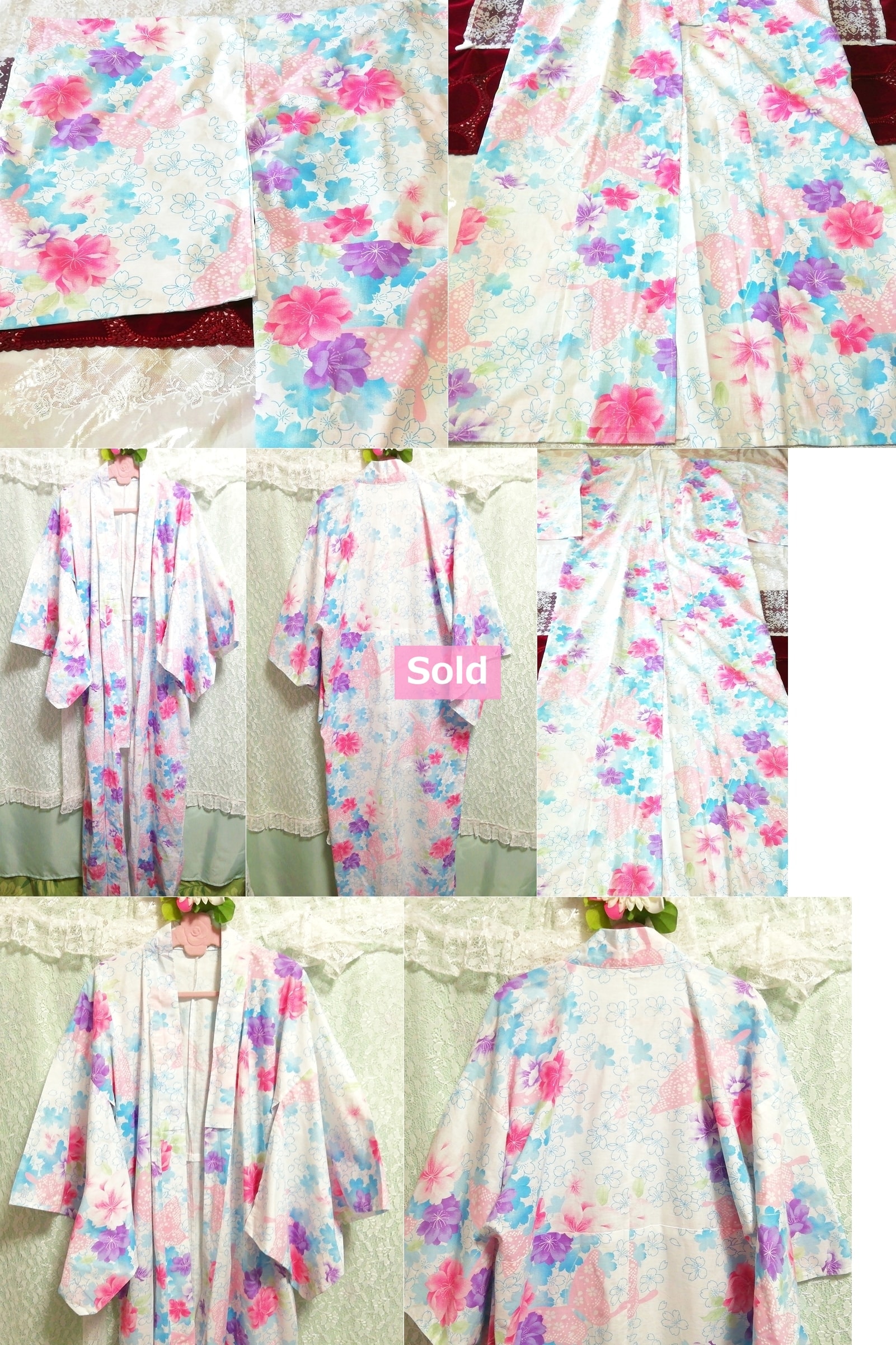 Wasserlila weiß rosa Blumendruck Yukata Kimono Kimono japanisches Kleid, Damen-Kimono, Kimono, Yukata, Andere