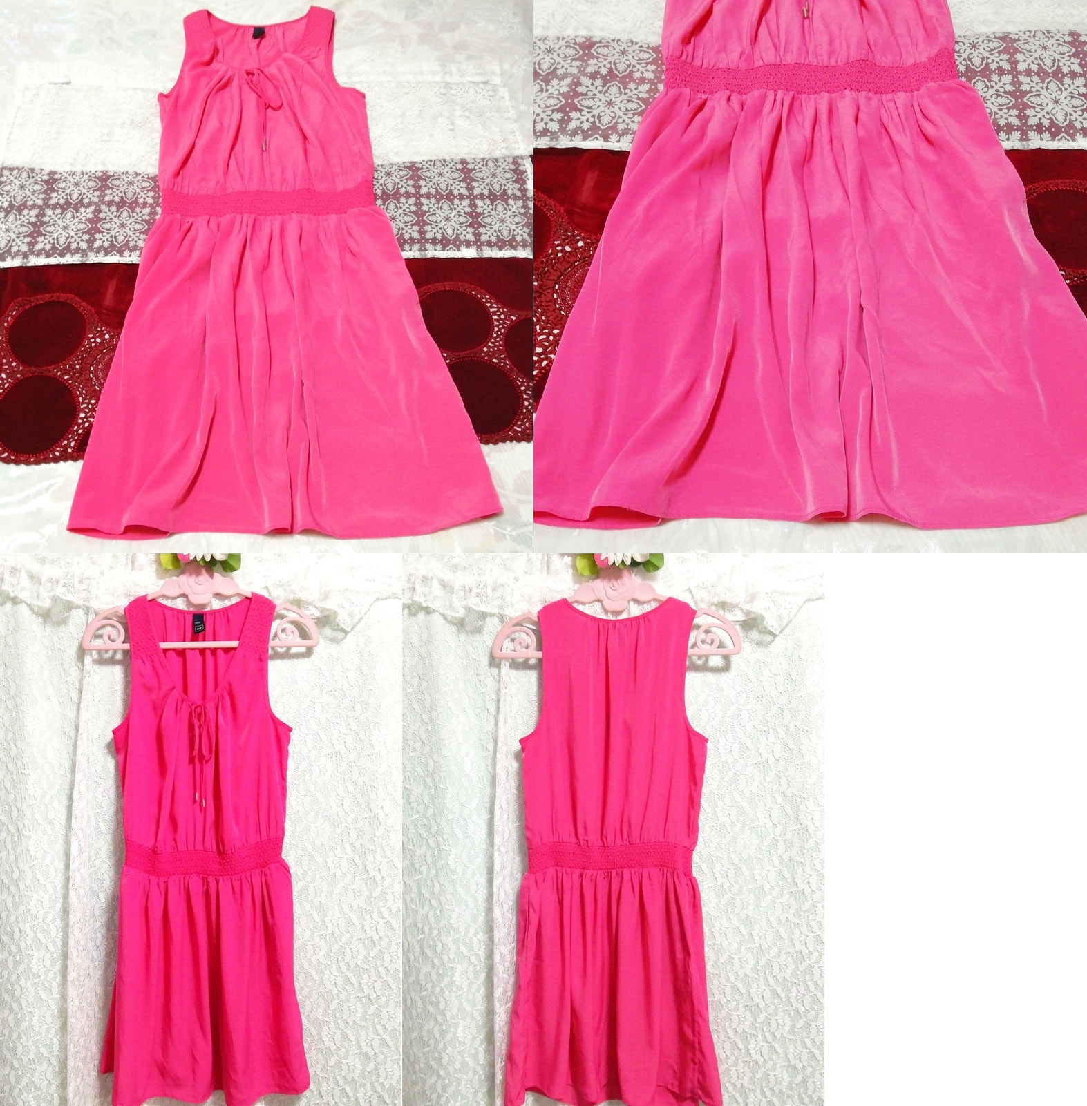 ثوب نوم من الشيفون الوردي الفلورسنت بدون أكمام نصف فستان, تنورة بطول الركبة, حجم م