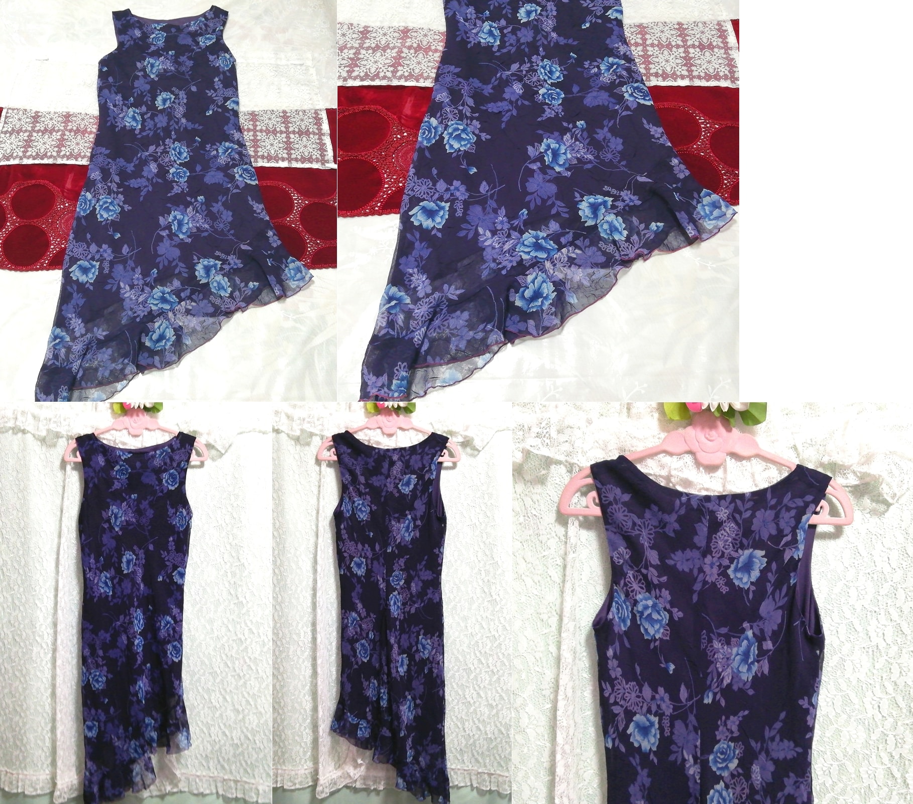 Marineblaues, ärmelloses Negligé-Nachthemd aus Chiffon mit Blumenmuster, halblanges Nachtkleid, Knielanger Rock, Größe m