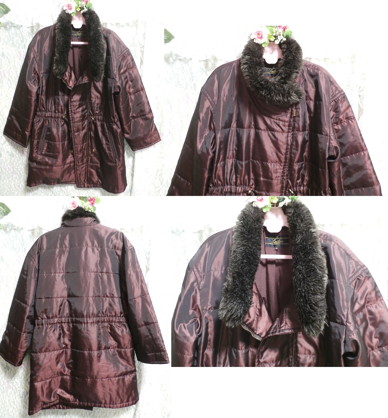 Manteau en duvet de style métallique à col boa rouge violet vin rouge, manteau, manteau de duvet, taille m