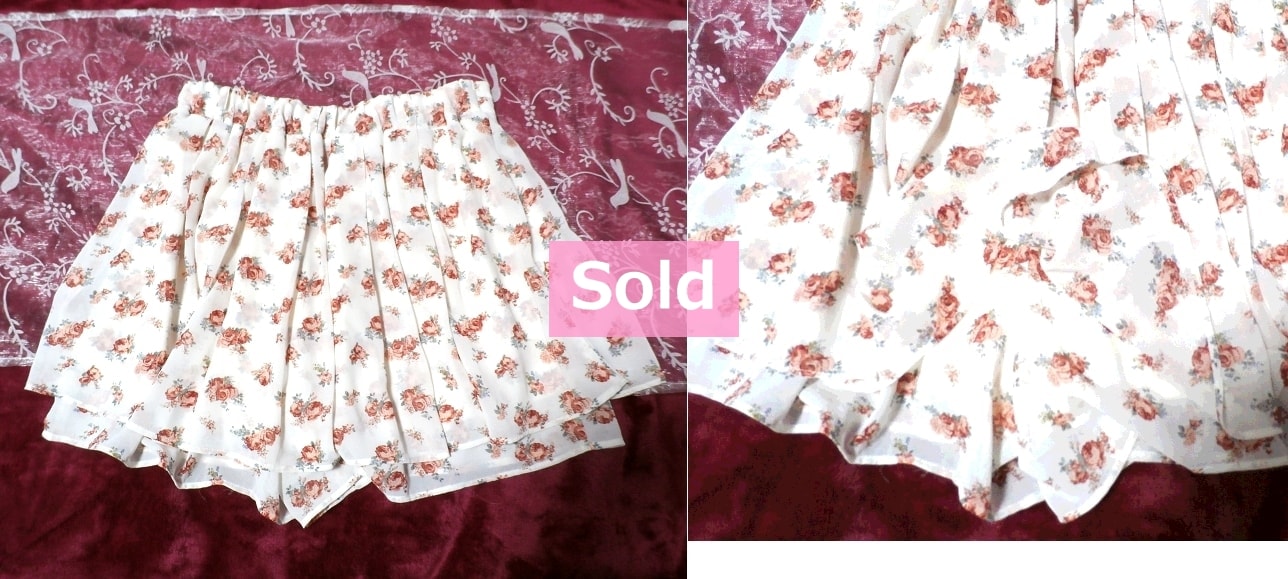 白と赤の花柄ミニキュロットスカート White red flower pattern mini culottes skirt, ミニスカート&フレアースカート、ギャザースカート&Mサイズ