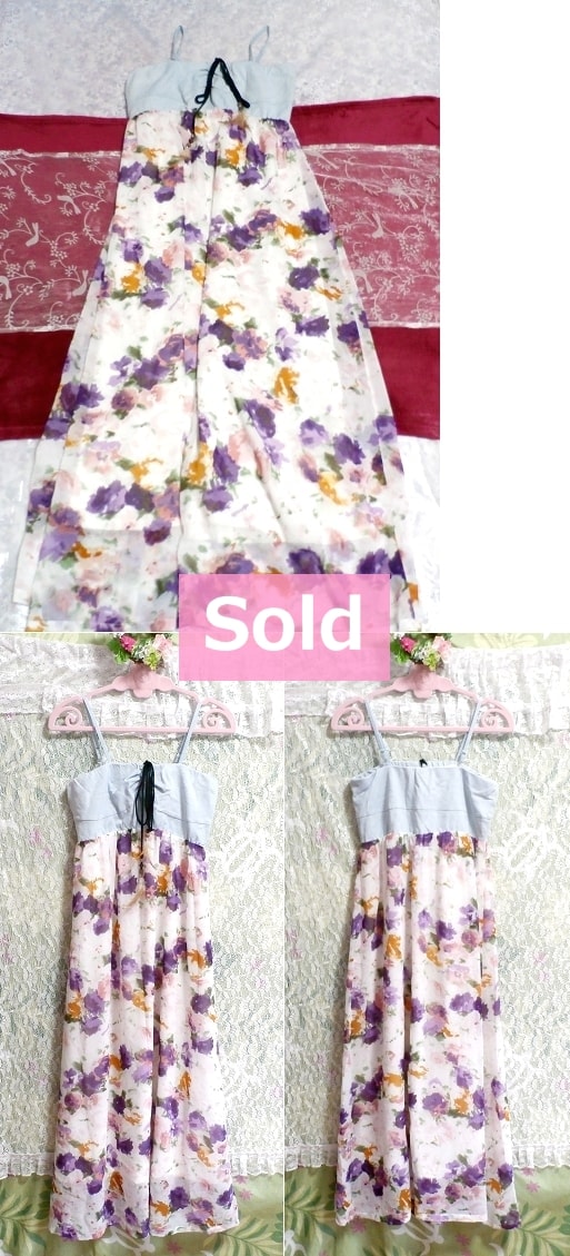 Denim camisole chiffon floral pattern long maxi skirt onepiece dress