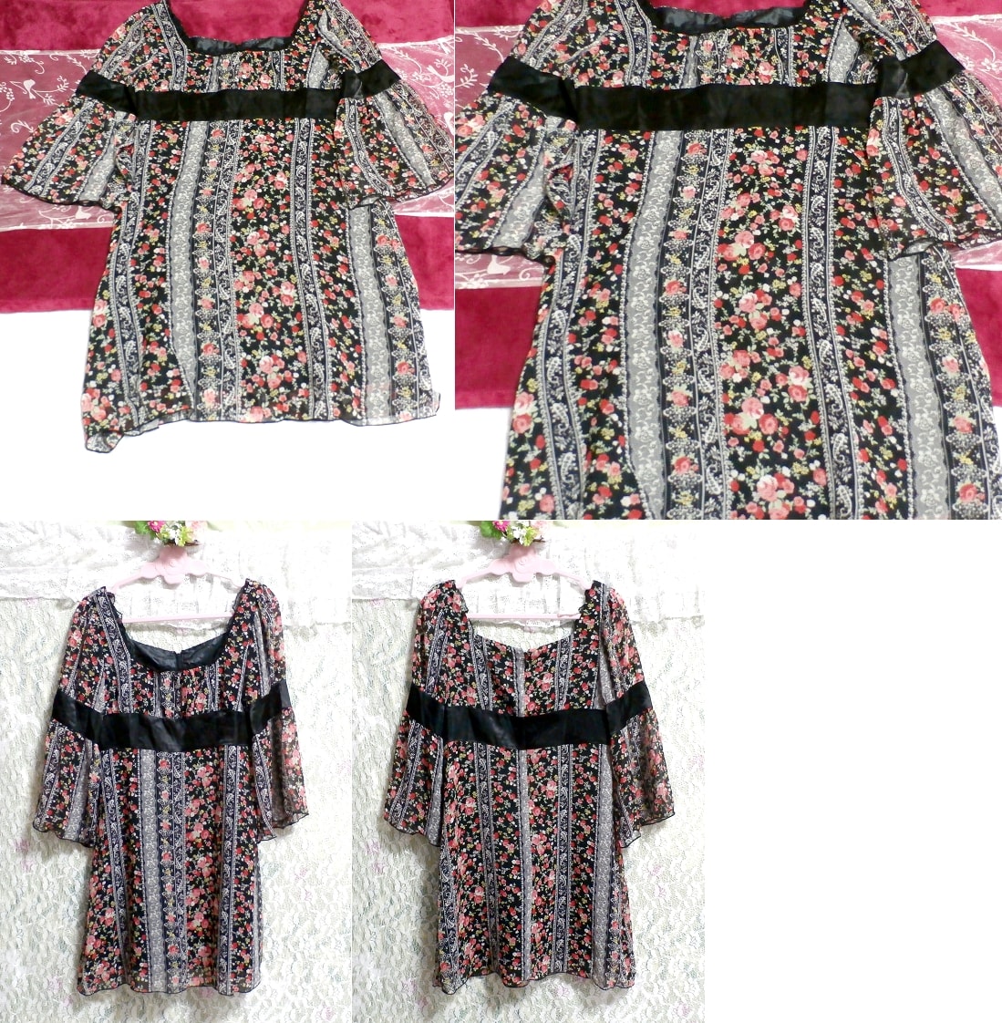黒帯花柄ネグリジェチュニック Black flower pattern negligee tunic dress, チュニック, 長袖, Mサイズ