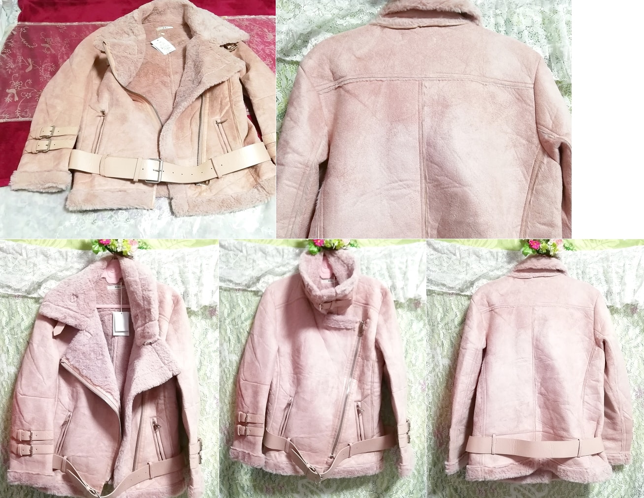 粉色皮革图案风格腰带外套，带标签外套, 外套, 一般外套