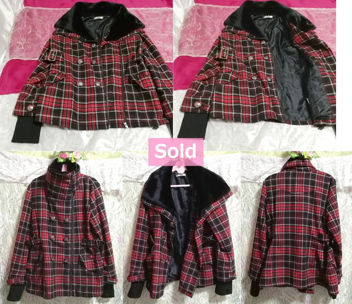 English style red black check pattern silver button coat cardigan mantle UK type red black check pattern silver button coat cardigan mantle