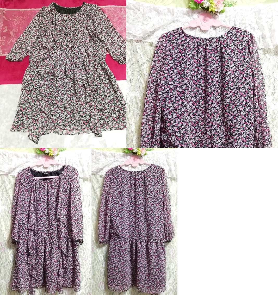 Purple black and white floral pattern chiffon long sleeve negligee nightgown tunic dress, tunic, long sleeve, m size