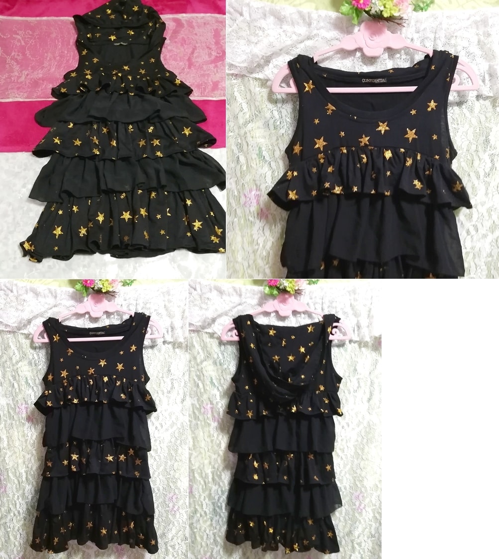 Schwarzes Halloween-Negligé-Nachthemd-Tunika-Kleid mit Rüschenrock und Sternenmuster, Knielanger Rock, Größe m