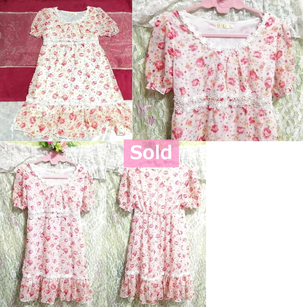Pink floral white flower lace chiffon short sleeve tunic onepiece