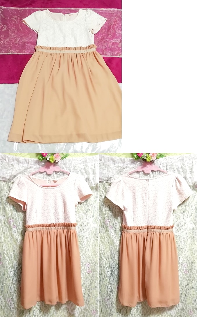 ピンクレーストップスシフォンネグリジェオレンジスカートワンピース Pink lace chiffon orange skirt negligee dress, ワンピース, ひざ丈スカート, Mサイズ
