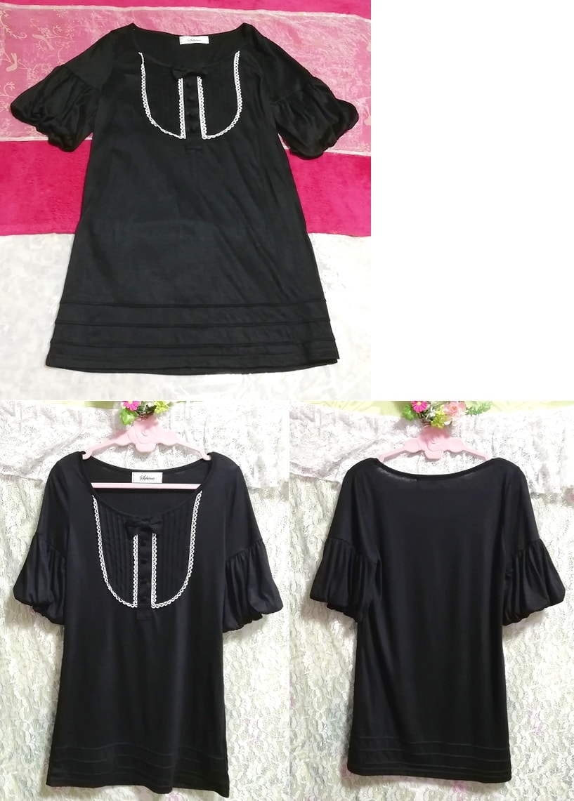 黒リボンシフォンネグリジェチュニックワンピース Black ribbon chiffon negligee tunic dress, チュニック, 半袖, Mサイズ