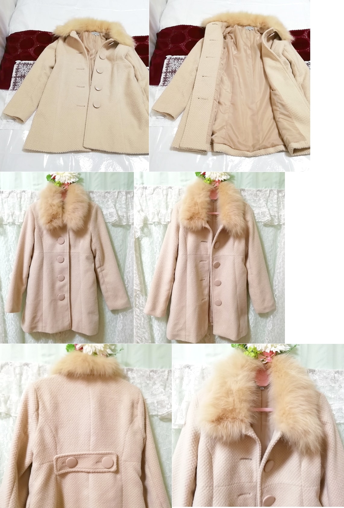 розовое бежевое длинное пальто с мехом голубой лисы, пальто, шерсть, шерсть, лиса