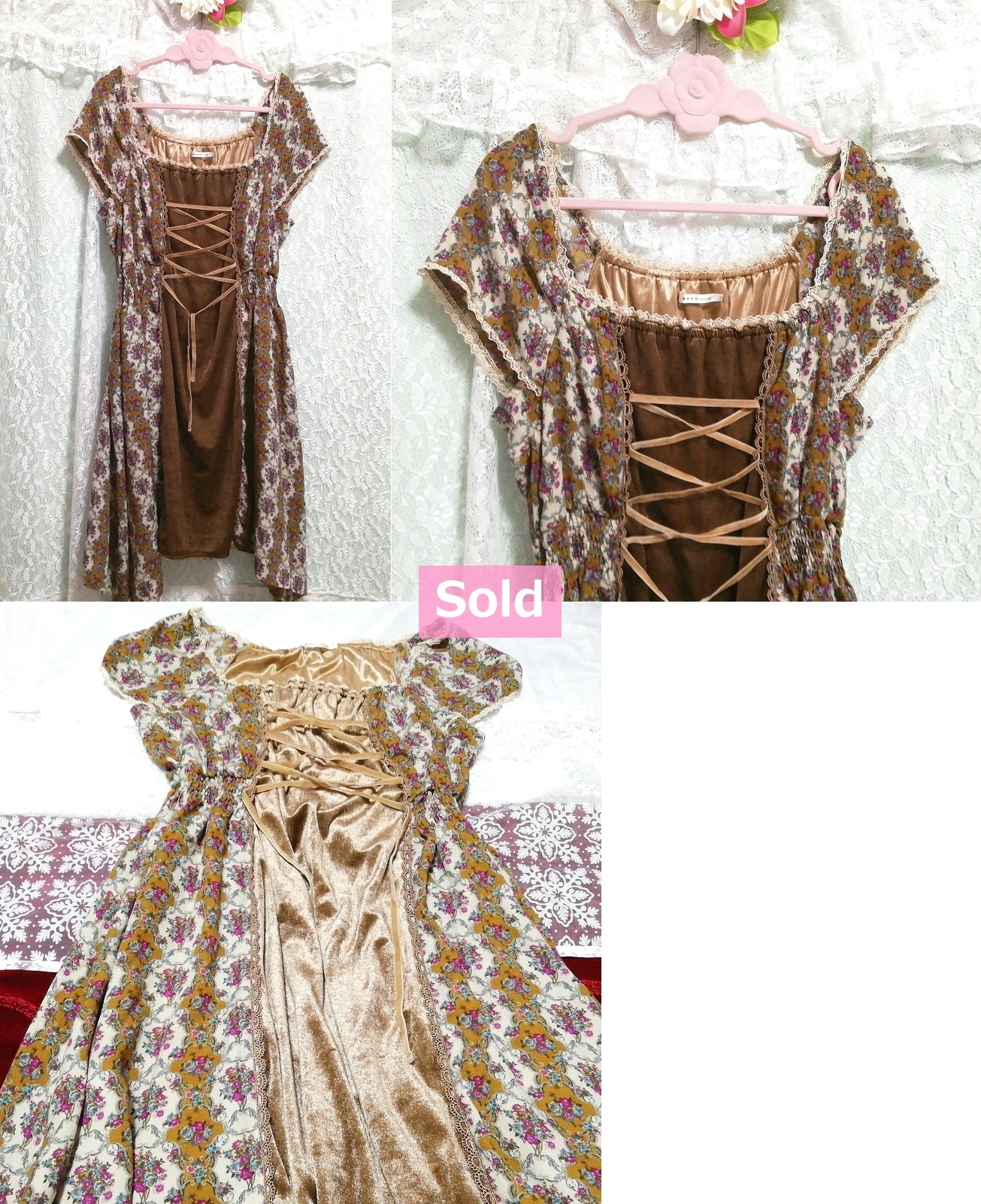 ブラウン花柄ベロアネグリジェチュニックワンピース Brown flower pattern velour negligee tunic dress, ワンピース, ひざ丈スカート, Mサイズ