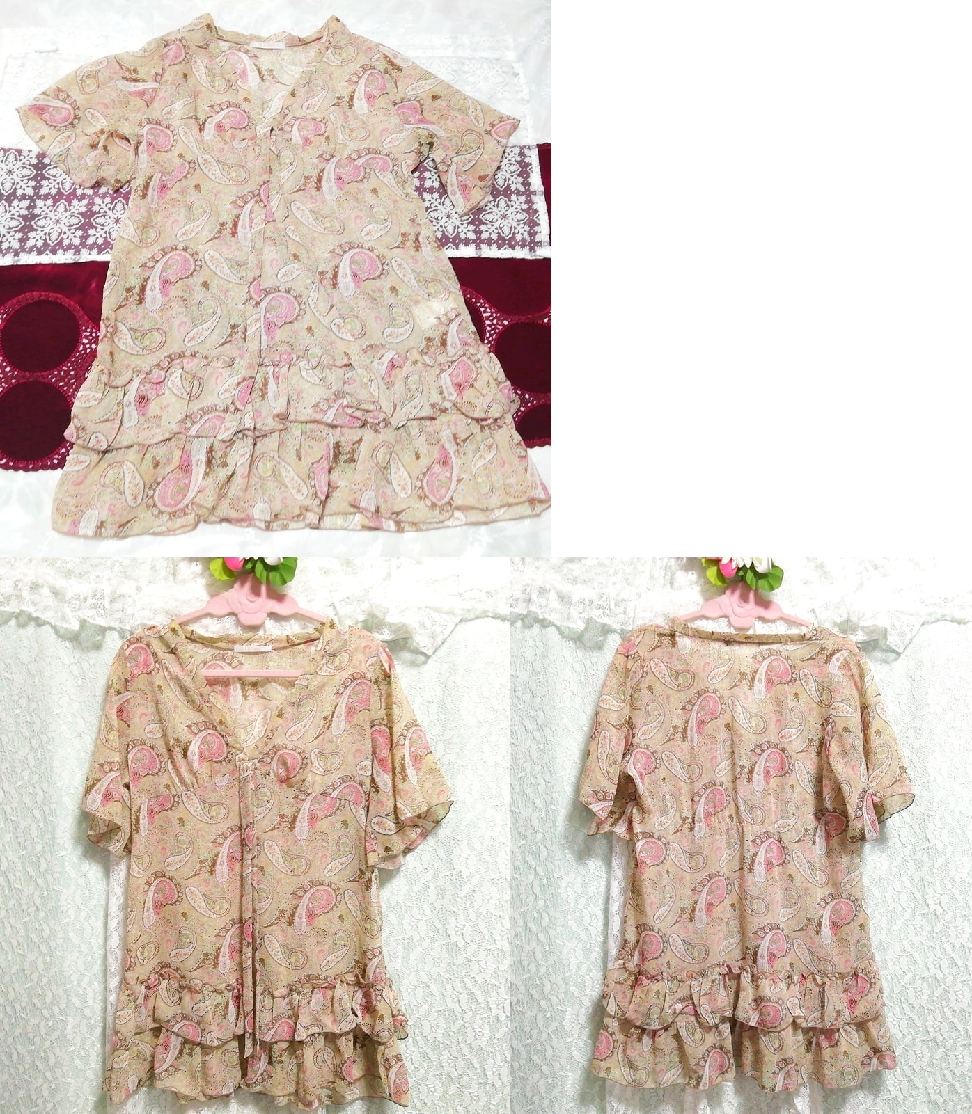Tunika-Negligé-Nachthemd aus Chiffon mit Leinenrüschen und geometrischem Muster, Tunika, Kurzarm, Größe m