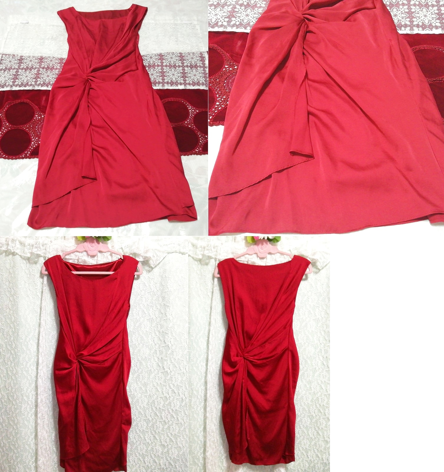 Camisón tipo negligee sin mangas de satén rojo vino tinto medio vestido, falda hasta la rodilla, talla m