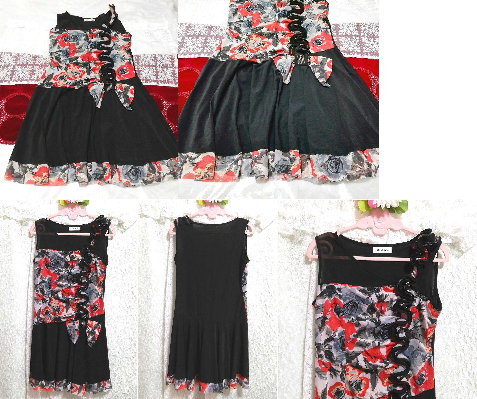 블랙 레드 그레이 아트 패턴 러플 네글리제 나이트가운 민소매 드레스, 패션, 숙녀 패션, 잠옷, 잠옷