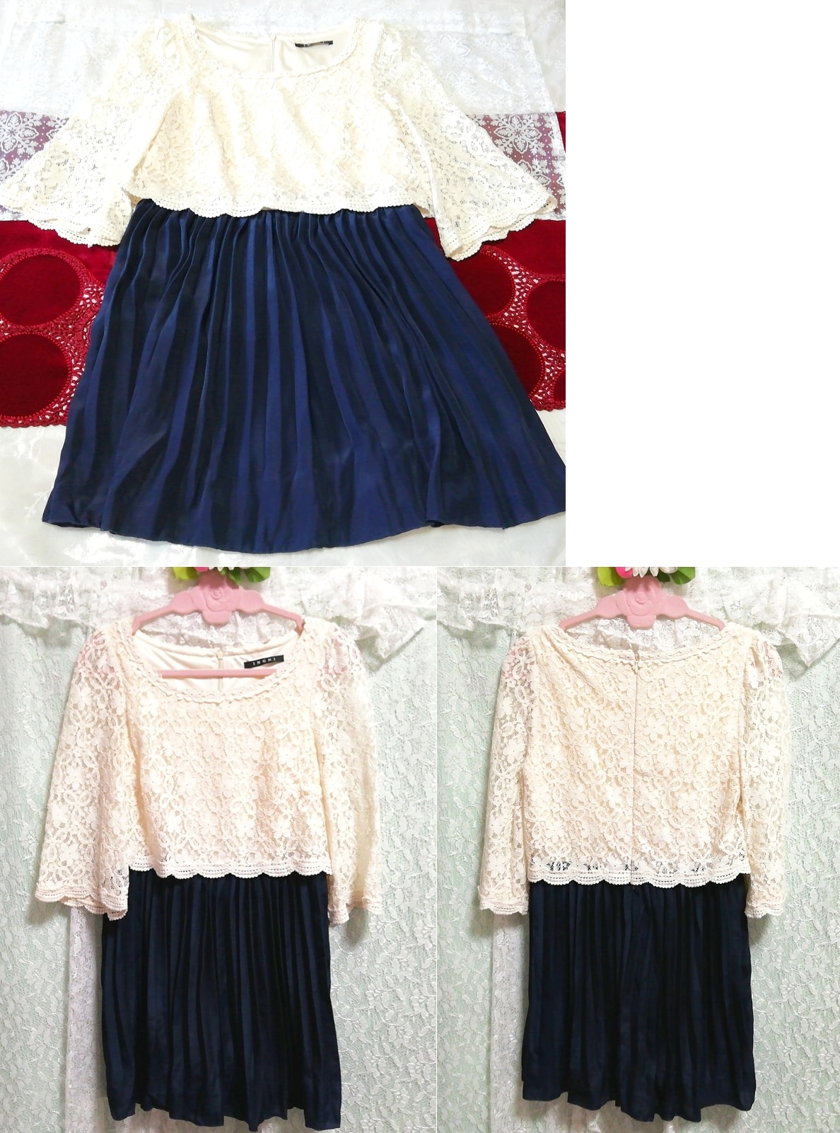 White lace navy blue chiffon pleated skirt long sleeve tunic negligee nightgown dress, tunic, long sleeve, m size