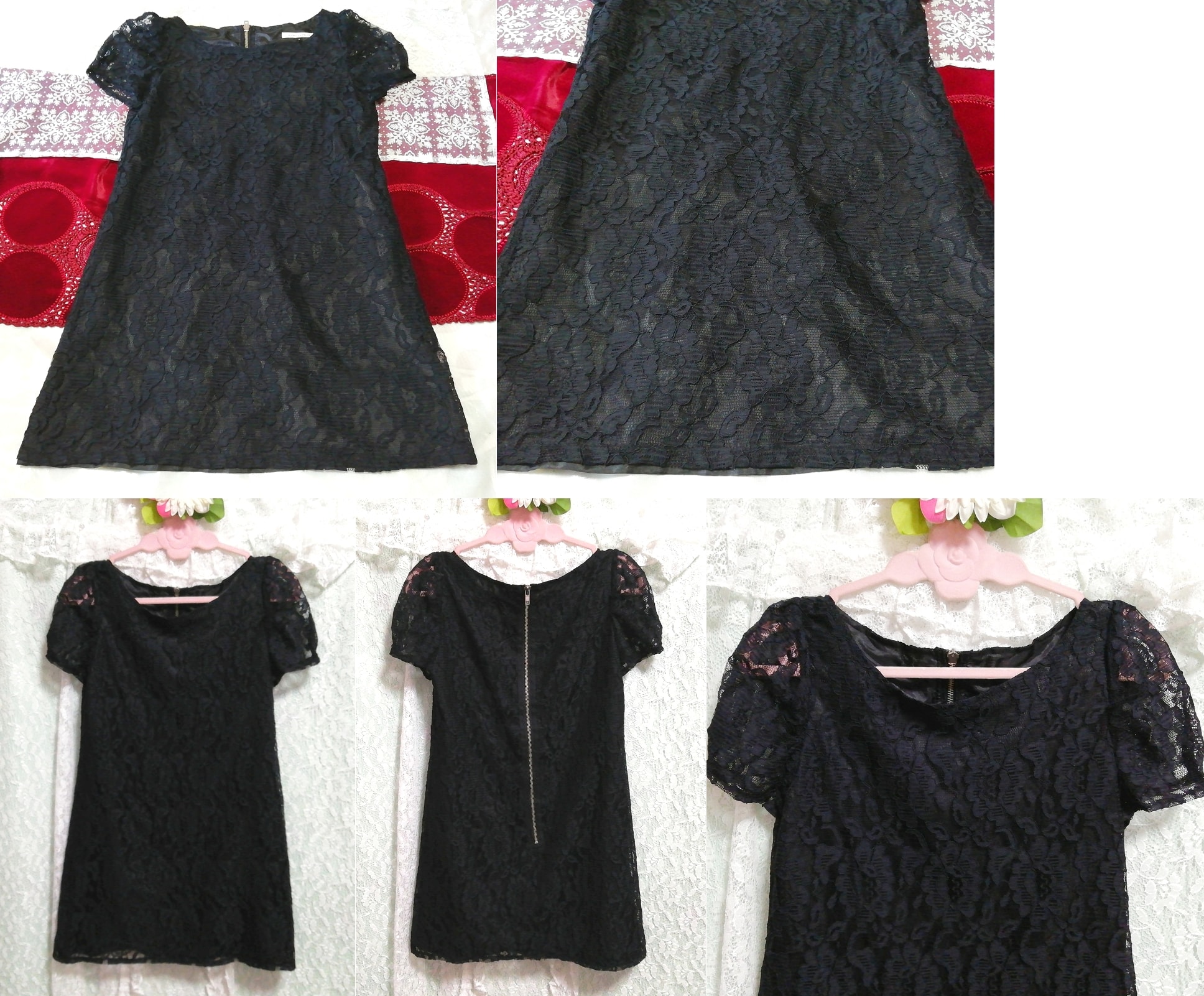 Schwarzes, kurzärmliges Tunika-Negligé-Nachthemd aus Spitze, Tunika, Kurzarm, Größe m