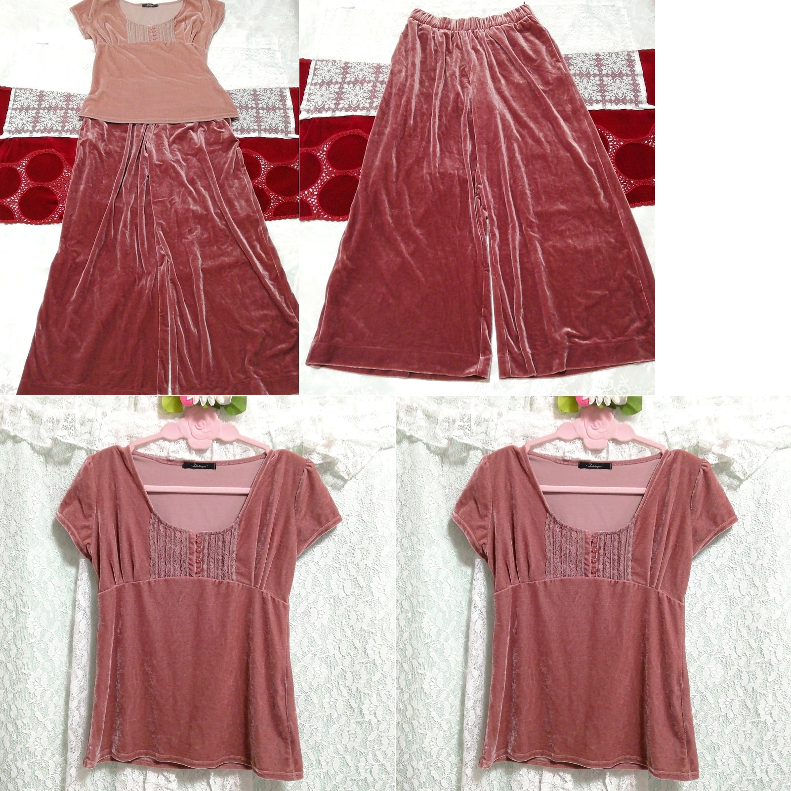 Camisón negligee túnica de manga corta rosa falda de terciopelo rojo rosa 2P, moda, moda para damas, ropa de dormir, pijama